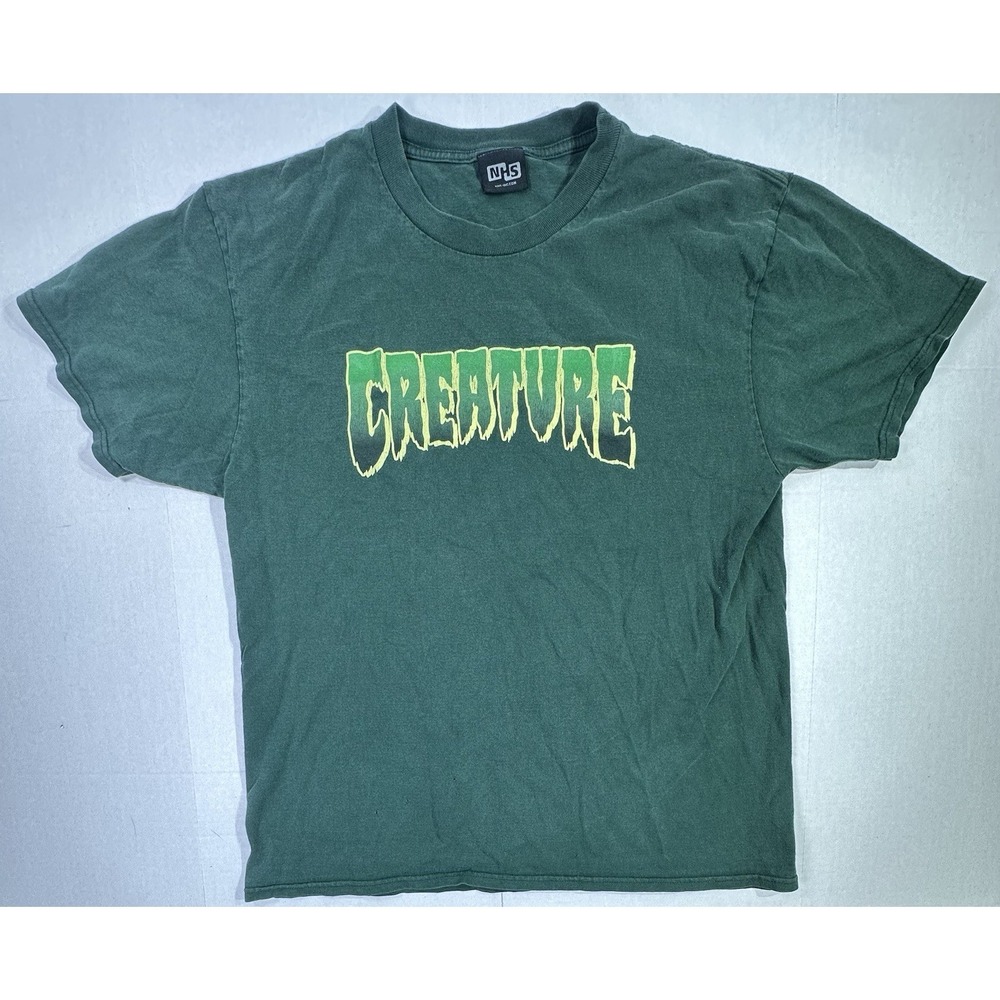 Vintage Creature Skateboards T-Shirt Green Logo NHS Inc Men's‎ Medium Faded Tee